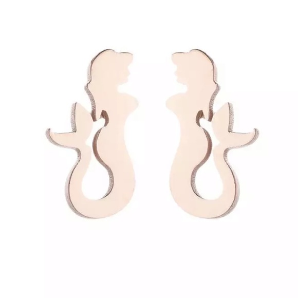 MERMAID ROSE GOLD Minimalist Stainless Steel Stud Earrings With Gift Bag - Picture 2 of 5
